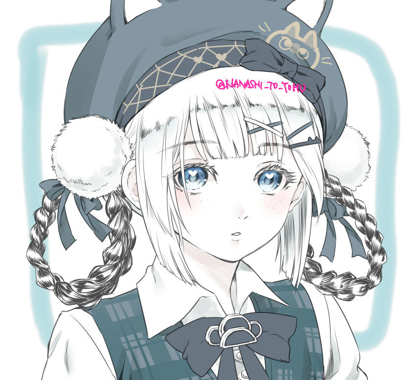 1girl absurdres animal_ear_headwear animal_ears animal_print argyle_clothes bambinata_(punishing:_gray_raven) black_bow blue_eyes bow braid braided_hair_rings cat_ears cat_print checkered_clothes collared_shirt grey_headwear hair_bow hair_ornament hairclip heart heart-shaped_pupils highres multicolored_hair nanashi_to_yomu official_alternate_costume parted_lips partially_colored pom_pom_(clothes) punishing:_gray_raven shirt sidelocks solo symbol-shaped_pupils twin_braids two-tone_hair white_shirt x_hair_ornament
