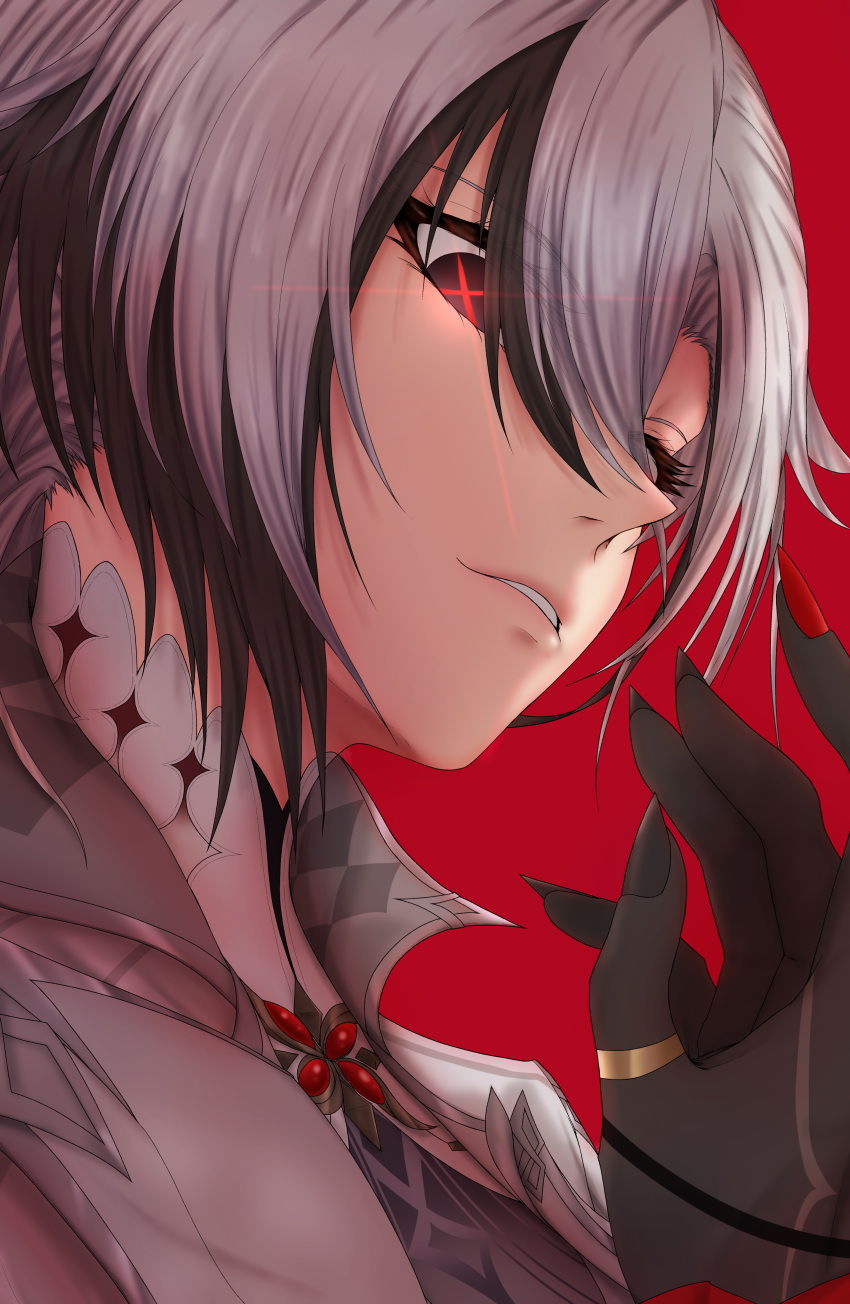 1girl absurdres arlecchino_(genshin_impact) black_eyes black_hair commentary_request genshin_impact grey_hair grey_jacket highres jacket multicolored_hair nail_polish parted_lips portrait red_background red_nails short_hair sigure_yusyo simple_background solo streaked_hair