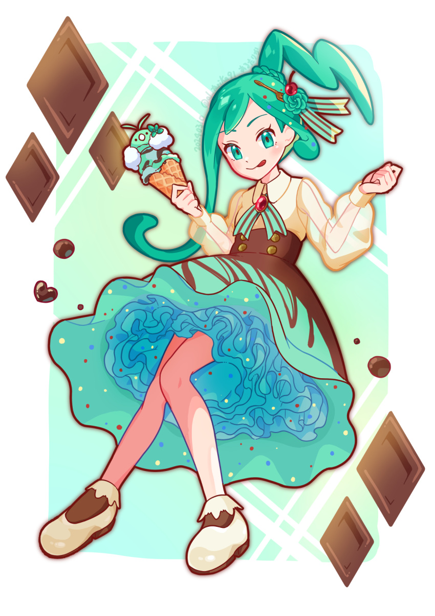 1girl alternate_costume arutarika_(ri_kaoekaki) buttons cherry_hair_ornament chocolate clenched_hand closed_mouth commentary_request eyelashes food food-themed_hair_ornament frills green_eyes green_hair hair_ornament highres holding ice_cream ice_cream_cone lisia_(pokemon) long_sleeves looking_at_viewer pokemon pokemon_oras see-through see-through_sleeves shirt shoes skirt smile socks solo tongue tongue_out