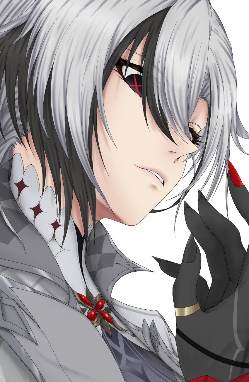 1girl absurdres arlecchino_(genshin_impact) black_eyes black_hair commentary_request genshin_impact grey_hair grey_jacket highres jacket multicolored_hair nail_polish parted_lips portrait red_nails short_hair sigure_yusyo simple_background solo streaked_hair white_background