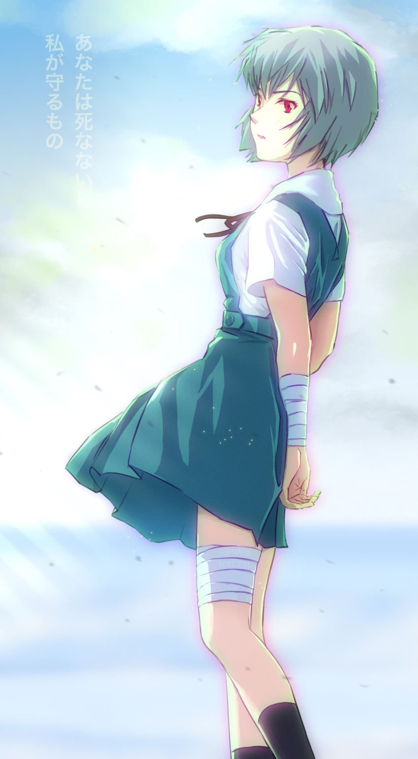 1girl absurdres arms_behind_back ayanami_rei bandaged_arm bandaged_leg bandages black_socks blue_dress blue_hair blue_sky clouds cloudy_sky collared_shirt commentary day dress feet_out_of_frame from_side highres injury looking_at_viewer looking_to_the_side neck_ribbon neon_genesis_evangelion outdoors parted_lips pinafore_dress red_eyes red_ribbon ribbon school_uniform shirt short_hair short_sleeves sky sleeveless sleeveless_dress socks solo standing tokyo-3_middle_school_uniform white_shirt wind wind_lift y.kami_nao/take