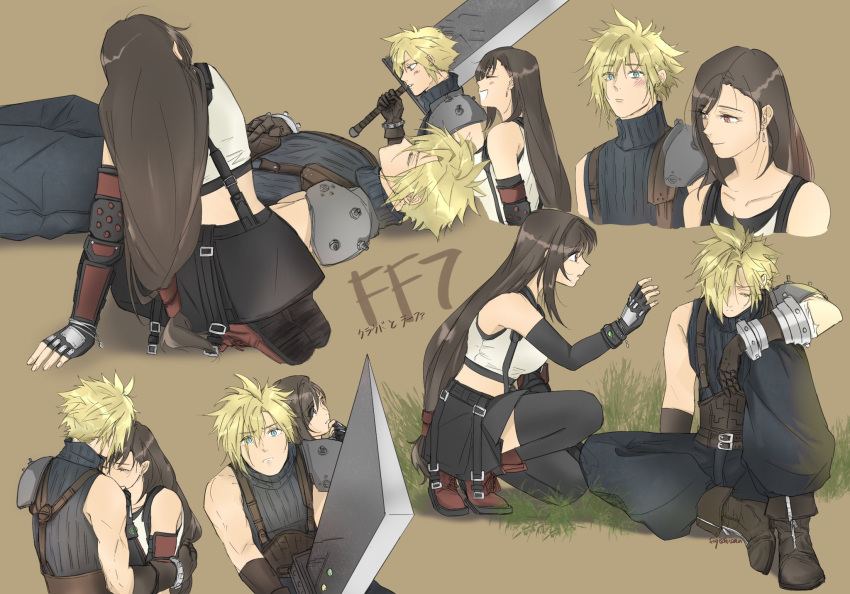 1boy 1girl armor bare_shoulders black_gloves black_skirt black_thighhighs blue_eyes blush boots breasts buster_sword cloud_strife crop_top cropped_torso elbow_gloves final_fantasy final_fantasy_vii final_fantasy_vii_rebirth final_fantasy_vii_remake fingerless_gloves gloves highres holding holding_sword holding_weapon hug large_breasts long_hair looking_at_another low-tied_long_hair lying midriff multiple_views on_back red_eyes red_footwear short_hair shoulder_armor siqishisan sitting skirt sleeveless sleeveless_turtleneck suspender_skirt suspenders sweater swept_bangs sword tank_top thigh-highs tifa_lockhart turtleneck turtleneck_sweater upper_body weapon white_tank_top