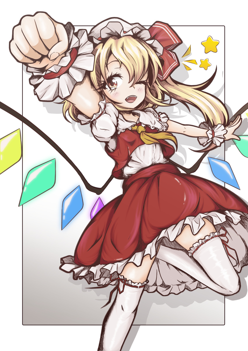1girl absurdres ascot blonde_hair collared_shirt el_genso feet_out_of_frame flandre_scarlet foreshortening frilled_shirt_collar frilled_skirt frilled_thighhighs frills gradient_background hat highres long_hair looking_at_viewer mob_cap multicolored_wings one_eye_closed open_mouth orange_eyes puffy_short_sleeves puffy_sleeves red_ribbon red_skirt red_vest ribbon ribbon-trimmed_sleeves ribbon-trimmed_thighhighs ribbon_trim shirt short_sleeves simple_background skirt solo teeth thigh-highs touhou upper_teeth_only vest white_background white_headwear white_shirt white_thighhighs wings wrist_cuffs yellow_ascot