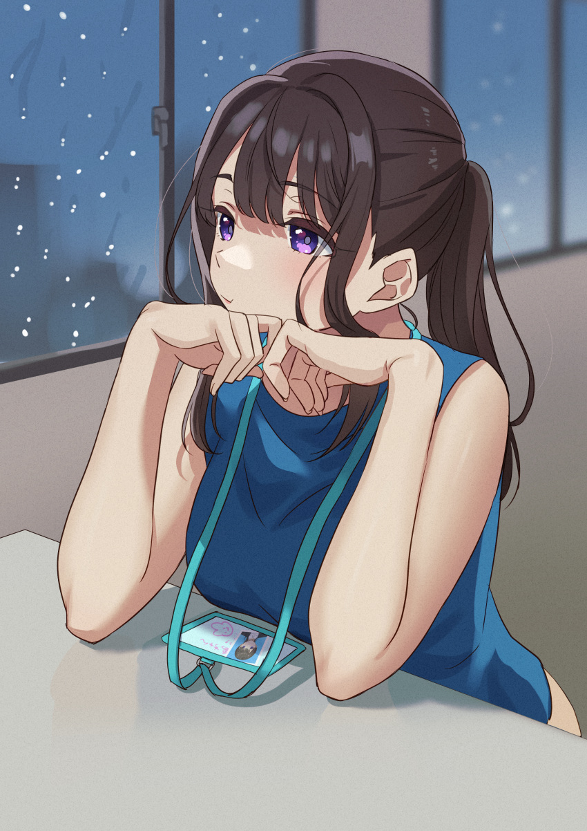 1girl :t absurdres bare_arms bare_shoulders black_hair blue_shirt blush breasts brown_hair closed_mouth elbows_on_table emu_(emum) head_rest highres id_card indoors lanyard long_hair looking_outside office_lady original ponytail rain shirt sidelocks sleeveless sleeveless_shirt snow snowing solo upper_body violet_eyes window