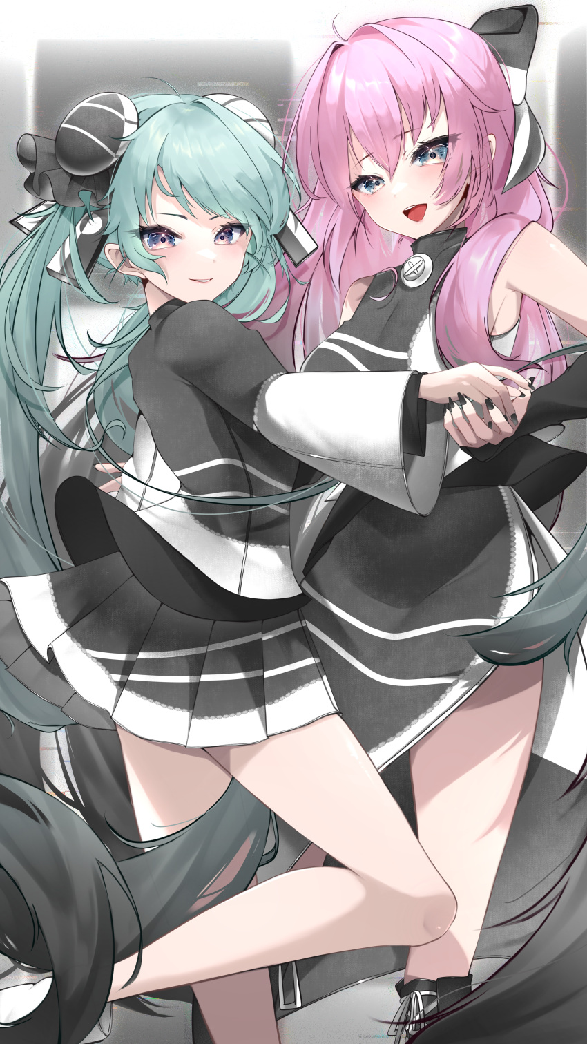 2girls absurdres black_nails blue_eyes blush chinese_clothes conflict_(module) double_bun feet_out_of_frame from_side green_hair hair_between_eyes hair_bun happy hatsune_miku highres holding_hands long_hair looking_at_viewer maka_aratame megurine_luka multiple_girls pale_color pink_hair project_diva project_diva_(series) side_slit sleeveless smile standing standing_on_one_leg twintails very_long_hair wide_sleeves world's_end_dancehall_(vocaloid) yuri