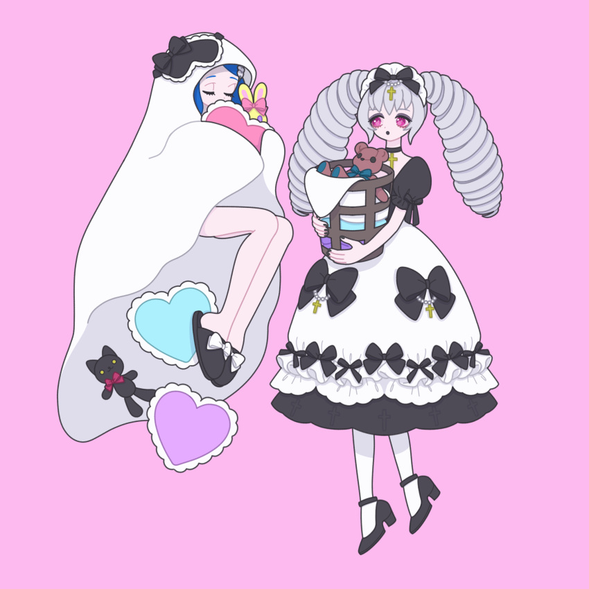 2girls :o amou_june basket black_choker black_dress black_footwear blue_hair bow choker closed_eyes cross cross_choker dress drill_hair full_body ghost_costume grey_hair hair_bow high_heels highres holding holding_basket long_hair looking_at_another multiple_girls nyaasechan open_mouth pink_background pretty_rhythm pretty_rhythm_rainbow_live pretty_series rinne_(pretty_rhythm) sheet_ghost short_hair simple_background slippers standing stuffed_animal stuffed_cat stuffed_toy teddy_bear twin_drills twintails