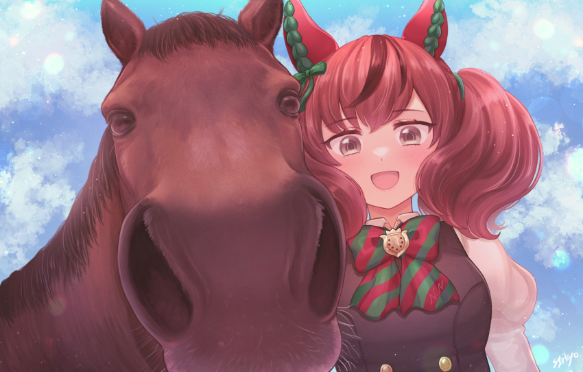 1girl 1other :d animal_ears bow bowtie brown_eyes brown_hair commentary_request commission creature_and_personification ear_covers horse horse_ears horse_girl jinno_shigure long_sleeves looking_at_viewer multicolored_hair nice_nature_(racehorse) nice_nature_(umamusume) signature skeb_commission smile streaked_hair twintails umamusume
