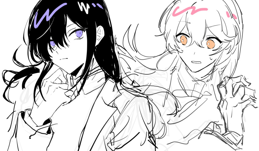 2girls black_hair closed_mouth collared_shirt commentary_request floating_hair hair_between_eyes highres hirako_daishougun long_hair long_sleeves multiple_girls nervous_sweating open_mouth original partially_colored purple_hair shirt sidelocks sketch sweat yellow_eyes
