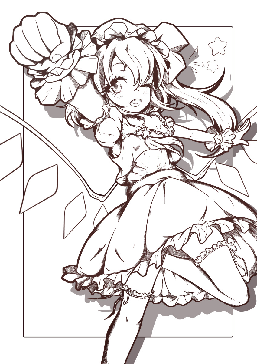 1girl absurdres ascot el_genso feet_out_of_frame flandre_scarlet frilled_shirt_collar frilled_skirt frilled_thighhighs frills greyscale hat highres lineart long_hair mob_cap monochrome one_eye_closed one_side_up puffy_short_sleeves puffy_sleeves ribbon-trimmed_sleeves ribbon-trimmed_thighhighs ribbon_trim shirt short_sleeves skirt solo thigh-highs touhou vest wings wrist_cuffs