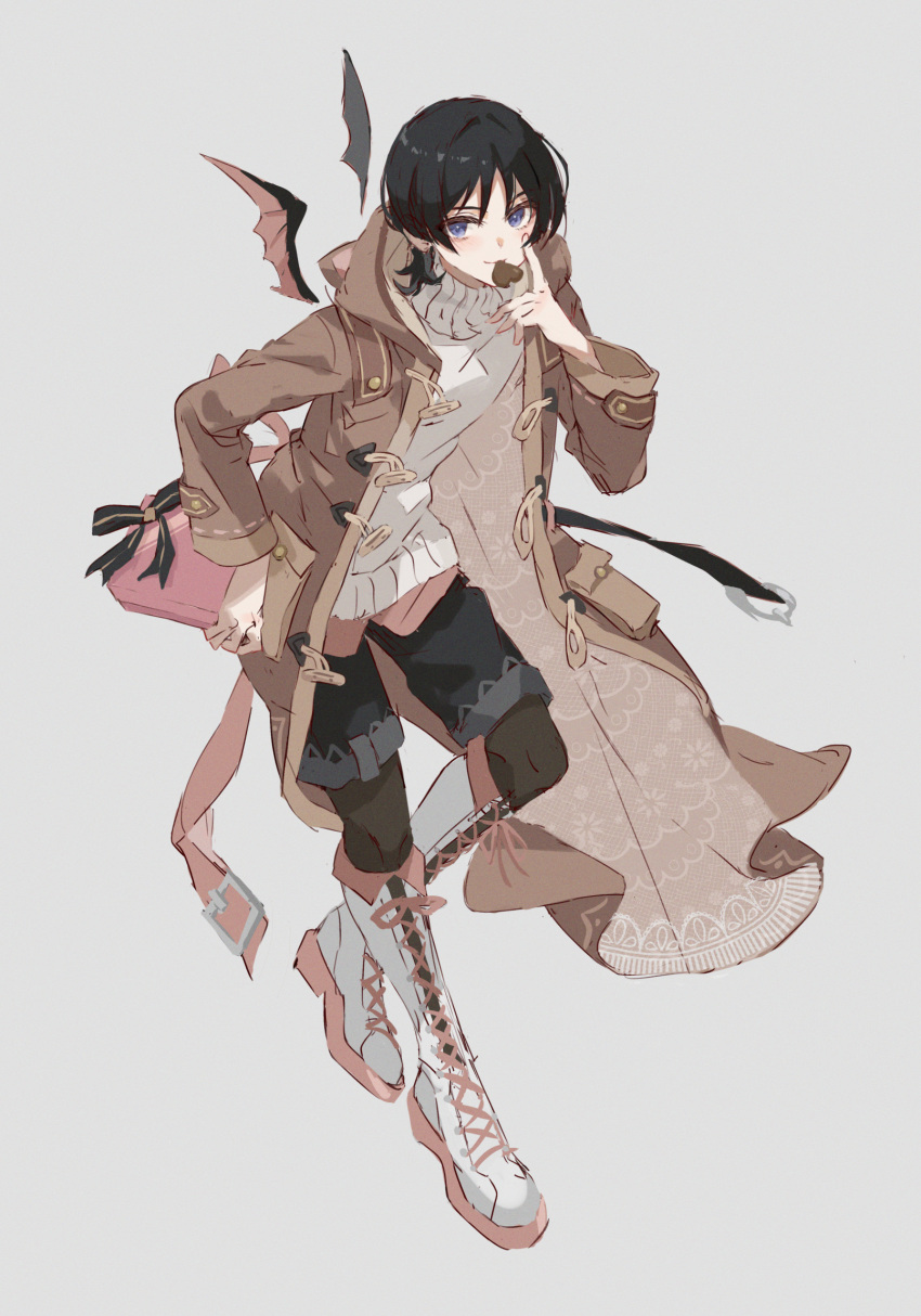 1boy alternate_costume black_hair black_headwear black_shorts blue_eyes boots box brown_coat candy chocolate coat detached_wings food full_body genshin_impact gift gift_box grey_background heart heart-shaped_chocolate highres hood hood_down hooded_coat knee_boots long_sleeves looking_at_viewer male_focus open_clothes open_coat scaramouche_(genshin_impact) shorts simple_background solo sweater turtleneck turtleneck_sweater white_footwear white_sweater wings yuitonoel