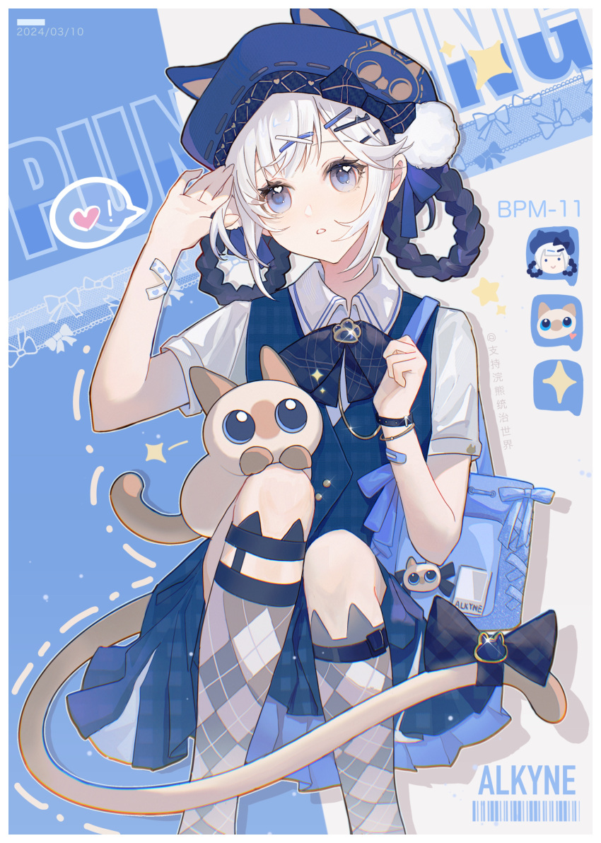 1girl :o absurdres adjusting_hair alkyne_gui animal_ear_headwear animal_ear_legwear argyle_clothes argyle_socks artist_name bag bambinata_(punishing:_gray_raven) bandaid bandaid_on_arm bandaid_on_wrist beret black_bow black_hair black_neckerchief black_skirt blue_bag blue_eyes blue_headwear bow bracelet braided_hair_rings brown_cat cat cat_ear_legwear cat_girl checkered_clothes checkered_skirt checkered_socks chinese_commentary collared_shirt commentary copyright_name curled_fingers dated dialogue_box feet_out_of_frame gold_bracelet grey_socks hair_ornament hairclip hat hat_bow heart heart-shaped_pupils highres jewelry kneehighs knees_together_feet_apart light_blush looking_at_viewer mismatched_socks multicolored_hair neckerchief official_alternate_costume open_mouth pleated_skirt pom_pom_(clothes) punishing:_gray_raven shirt short_sleeves shoulder_bag sitting skirt socks solo spoken_character spoken_heart straight-on symbol-shaped_pupils tail tail_bow tail_ornament two-tone_hair waistcoat watch watch white_hair white_shirt x_hair_ornament