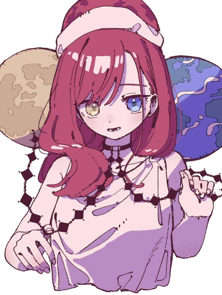 1girl alternate_costume blue_eyes earth_(ornament) hecatia_lapislazuli heterochromia highres long_hair looking_at_viewer moon_(ornament) nama_udon open_mouth redhead shirt simple_background sleeveless sleeveless_shirt solo touhou upper_body white_background white_shirt yellow_eyes