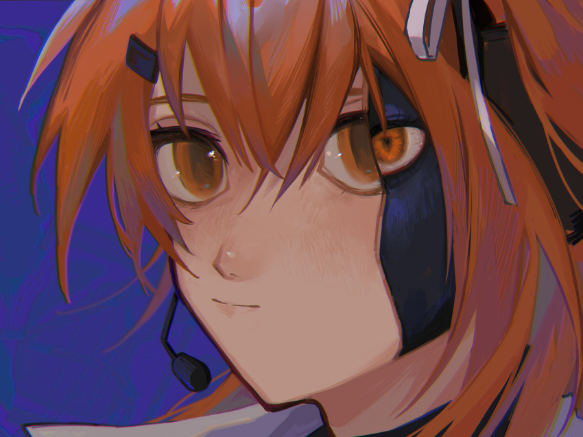 1girl a.i._voice absurdres adachi_rei blue_background close-up closed_mouth damaged hair_between_eyes hair_ornament hair_ribbon hairclip headset highres kotate looking_at_viewer orange_eyes orange_hair portrait ribbon skinsuit solo utau white_ribbon