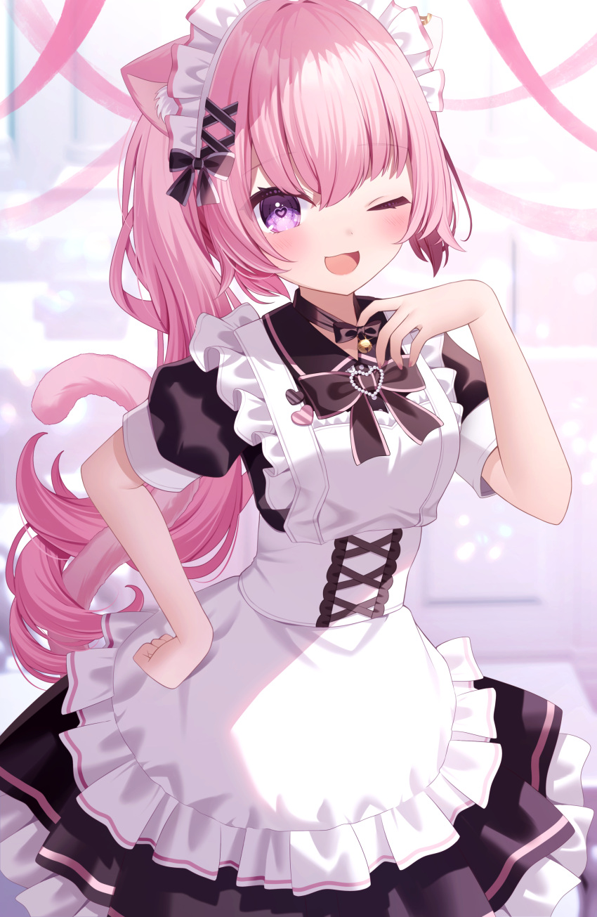 1girl ;d absurdres animal_ear_fluff animal_ears apron black_bow black_dress blush bow breasts cat_ears cat_girl cat_tail collared_dress commentary_request dress frilled_apron frilled_dress frills hair_between_eyes hair_bow hair_ornament hairclip hand_on_own_hip hand_up heart heart-shaped_pupils highres long_hair looking_at_viewer maid maid_apron maid_headdress one_eye_closed original pink_hair pleated_dress ponytail puffy_short_sleeves puffy_sleeves sapphire_(sapphire25252) short_sleeves small_breasts smile symbol-shaped_pupils tail very_long_hair violet_eyes white_apron x_hair_ornament