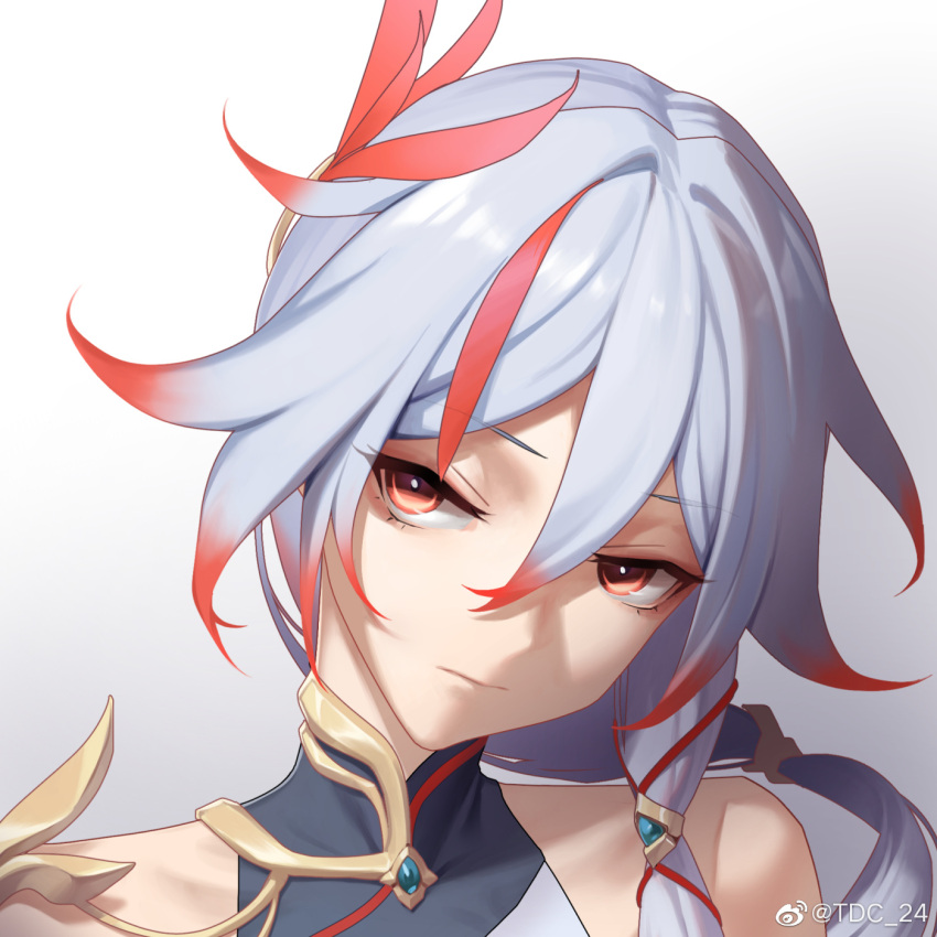1girl aqua_gemstone artist_name bare_shoulders brown_eyes china_dress chinese_clothes closed_mouth dress fu_hua fu_hua_(phoenix) gradient_background gradient_hair grey_background hair_between_eyes hair_ornament highres honkai_(series) honkai_impact_3rd long_hair looking_at_viewer low-tied_long_hair low_ponytail multicolored_hair partially_shaded_face ponytail red_rope redhead rope shaded_face sleeveless sleeveless_dress solo streaked_hair tdc24 turquoise_(gemstone) white_dress white_hair
