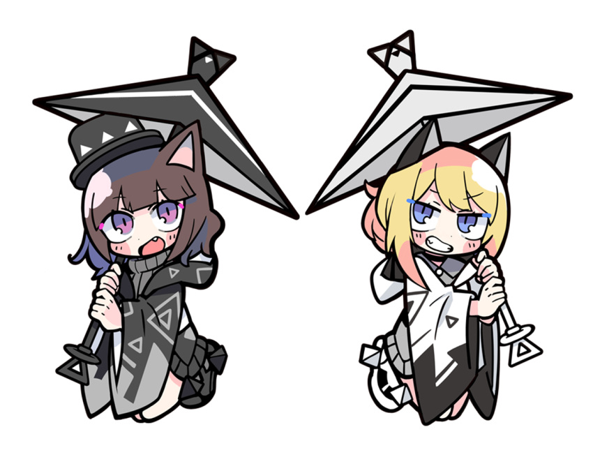 2girls animal_ears bare_legs black_choker black_coat black_footwear black_headwear black_hood black_raincoat black_skirt black_sleeves black_umbrella blonde_hair blunt_bangs blush_stickers brown_hair buttons cat_ears character_request check_copyright choker coat collared_dress copyright_request dress ear_covers eyelashes fang full_body grey_dress grey_sweater grin hat holding holding_umbrella hololive hood hood_down hooded_coat long_hair long_sleeves medium_hair miniskirt multiple_girls open_mouth ponytail raincoat shoes short_dress simple_background single_ear_cover skirt smile sneakers sweater sweater_dress sweater_skirt terada_tera top_hat triangle_print turtleneck turtleneck_sweater umbrella v-shaped_eyebrows violet_eyes white_background white_coat white_hood white_raincoat white_sleeves white_umbrella wide_sleeves