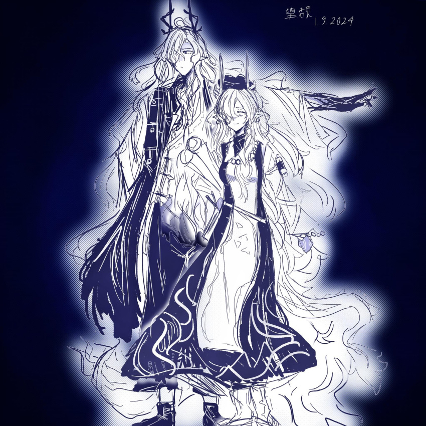 arknights brother_and_sister dragon_boy dragon_girl dragon_horns dragon_tail greyscale hat highres horns jie_(arknights) long_hair monochrome non-web_source siblings smile standing tail wang_(arknights)