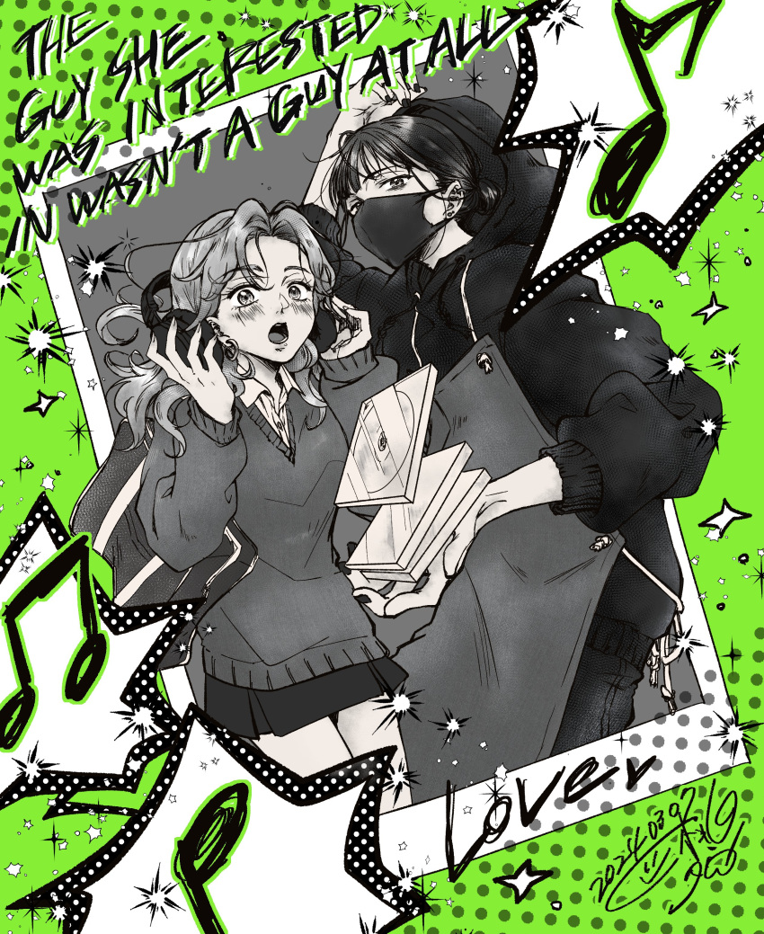 2girls :o absurdres apron arm_up bag beamed_eighth_notes blunt_bangs blush cd_case choppy_bangs collared_shirt commentary copyright_name cropped_legs dated earrings eighth_note english_text green_background greyscale_with_colored_background hair_bun hands_up headphones highres holding holding_headphones hood hoodie hoop_earrings jewelry kininatteru_hito_ga_otoko_ja_nakatta koga_mitsuki looking_at_viewer mask momotaroillust mouth_mask multiple_girls musical_note oosawa_aya open_mouth photo_(object) polaroid school_bag shirt shoulder_bag side-by-side signature single_hair_bun skirt sparkle standing sweater thighs through_medium wavy_hair