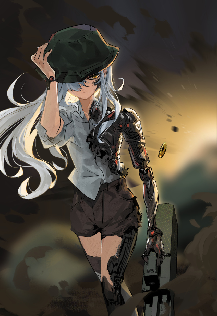 1girl android g11_(girls'_frontline) girls_frontline grey_hair hair_over_one_eye hat highres holding holding_weapon long_hair mechanical_parts mush shorts solo standing weapon yellow_eyes