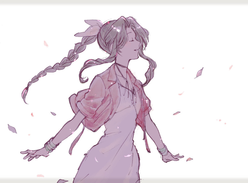 1girl aerith_gainsborough bangle bracelet braid braided_ponytail brown_hair choker closed_eyes cropped_jacket dress falling_petals final_fantasy final_fantasy_vii final_fantasy_vii_remake hair_ribbon highres jacket jewelry long_dress long_hair oishiioniku1129 outstretched_arms parted_bangs parted_lips petals pink_dress pink_ribbon red_jacket ribbon ribbon_choker short_sleeves sidelocks single_braid smile solo upper_body white_background
