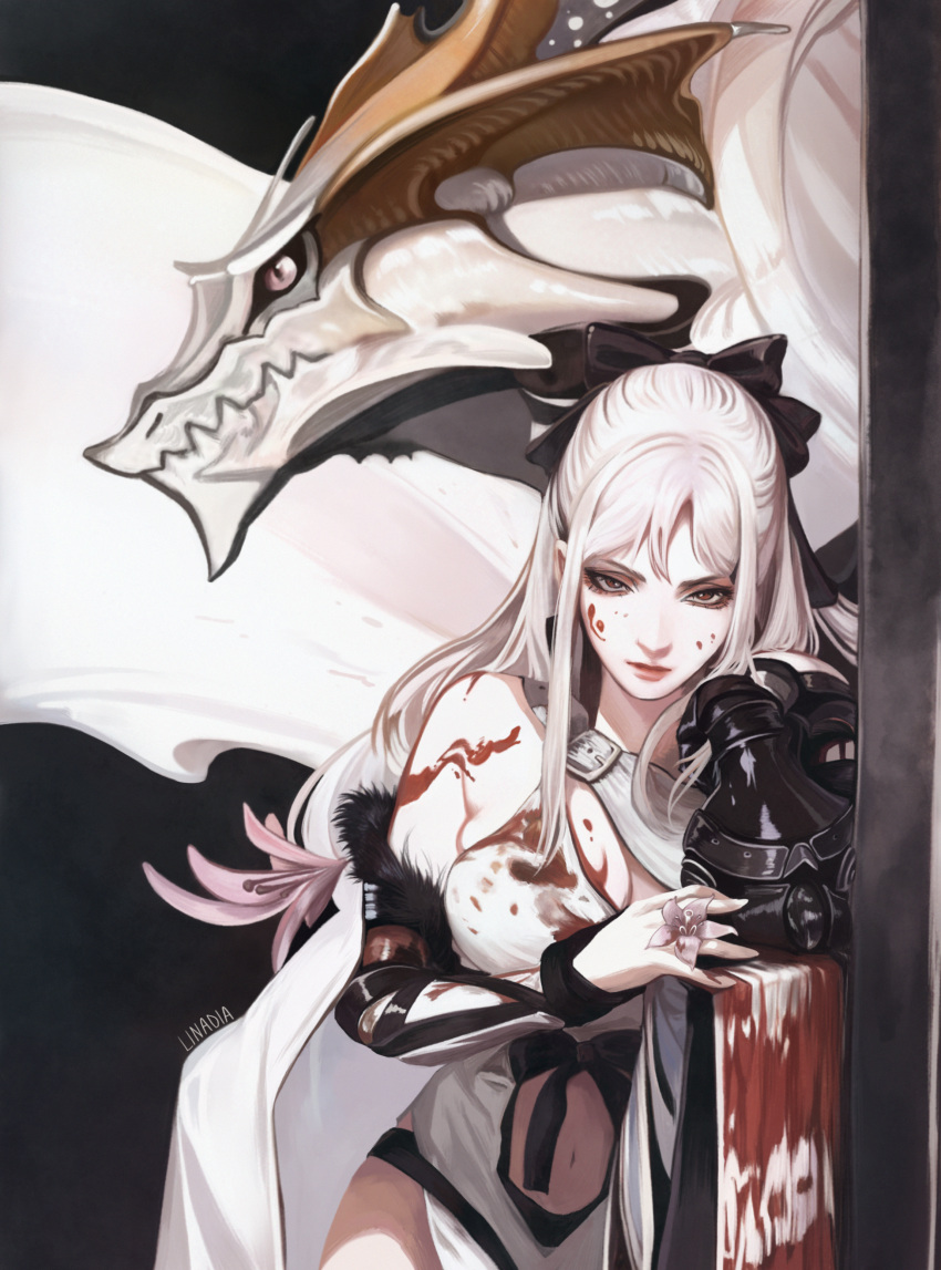 1girl absurdres artist_name black_bow black_ribbon blood blood_on_clothes blood_on_face bow cape drag-on_dragoon drag-on_dragoon_3 dragon dress facing_viewer flower gauntlets hair_bow hair_ribbon highres lina_mannik long_hair looking_at_viewer lunar_tear mechanical_arms mikhail_(drag-on_dragoon) navel pale_skin prosthesis prosthetic_arm red_eyes ribbon single_mechanical_arm standing white_cape white_dress white_hair zero_(drag-on_dragoon)