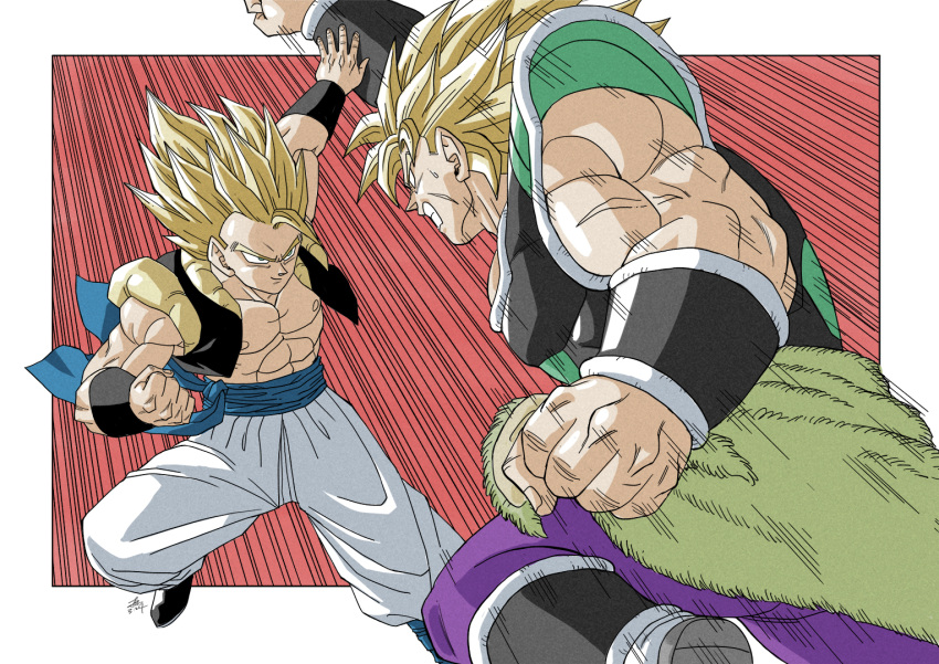 2boys armor black_armor black_vest blonde_hair broly_(dragon_ball_super) clenched_hand clenched_teeth cropped_vest dragon_ball dragon_ball_super dragon_ball_super_broly fighting forest_1988 gogeta green_armor medium_hair multiple_boys muscular muscular_male nipples no_pupils pants parrying purple_pants red_background smirk speed_lines spiky_hair super_saiyan super_saiyan_1 teeth toriyama_akira_(style) vest white_pants