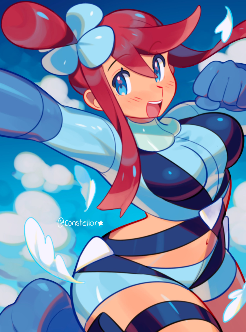 1girl :d absurdres arm_up blue_background blue_eyes blue_footwear blue_gloves blue_jacket blue_shorts blush boots breasts clenched_hand clouds constellor cowboy_shot crop_top cropped_jacket feathers gloves hair_ornament highres jacket large_breasts looking_at_viewer midriff navel one_side_up open_mouth pokemon pokemon_bw redhead short_hair_with_long_locks short_shorts shorts sidelocks sky skyla_(pokemon) smile solo standing standing_on_one_leg teeth thigh_pouch thigh_strap turtleneck twitter_username upper_teeth_only