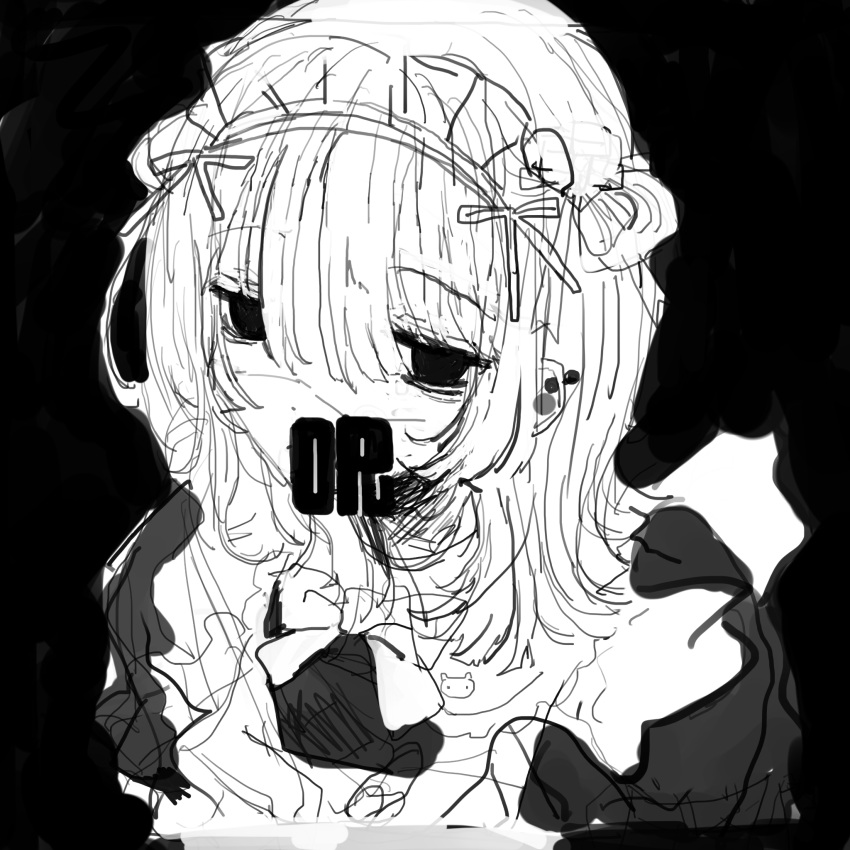 1girl bags_under_eyes black_background covered_mouth empty_eyes greyscale hair_between_eyes highres long_hair looking_at_viewer maid maid_headdress monochrome noroi_(rnatataki) original simple_background solo upper_body