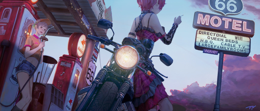 2girls blunt_bangs brown_hair cigarette clouds crop_top da_tengzi denim denim_shorts detached_sleeves dress english_text facing_away frilled_dress frills from_behind gas_station grey_hair hakozaki_serika hand_up hat headlight highres holding holding_cigarette idolmaster idolmaster_million_live! idolmaster_million_live!_theater_days julia_(idolmaster) leaning_against_motorcycle midriff motor_vehicle motorcycle multiple_girls neon_sign open_mouth outdoors pink_dress pink_hair plaid plaid_dress redhead shirt short_hair short_sleeves shorts sign signature sky standing string_lights