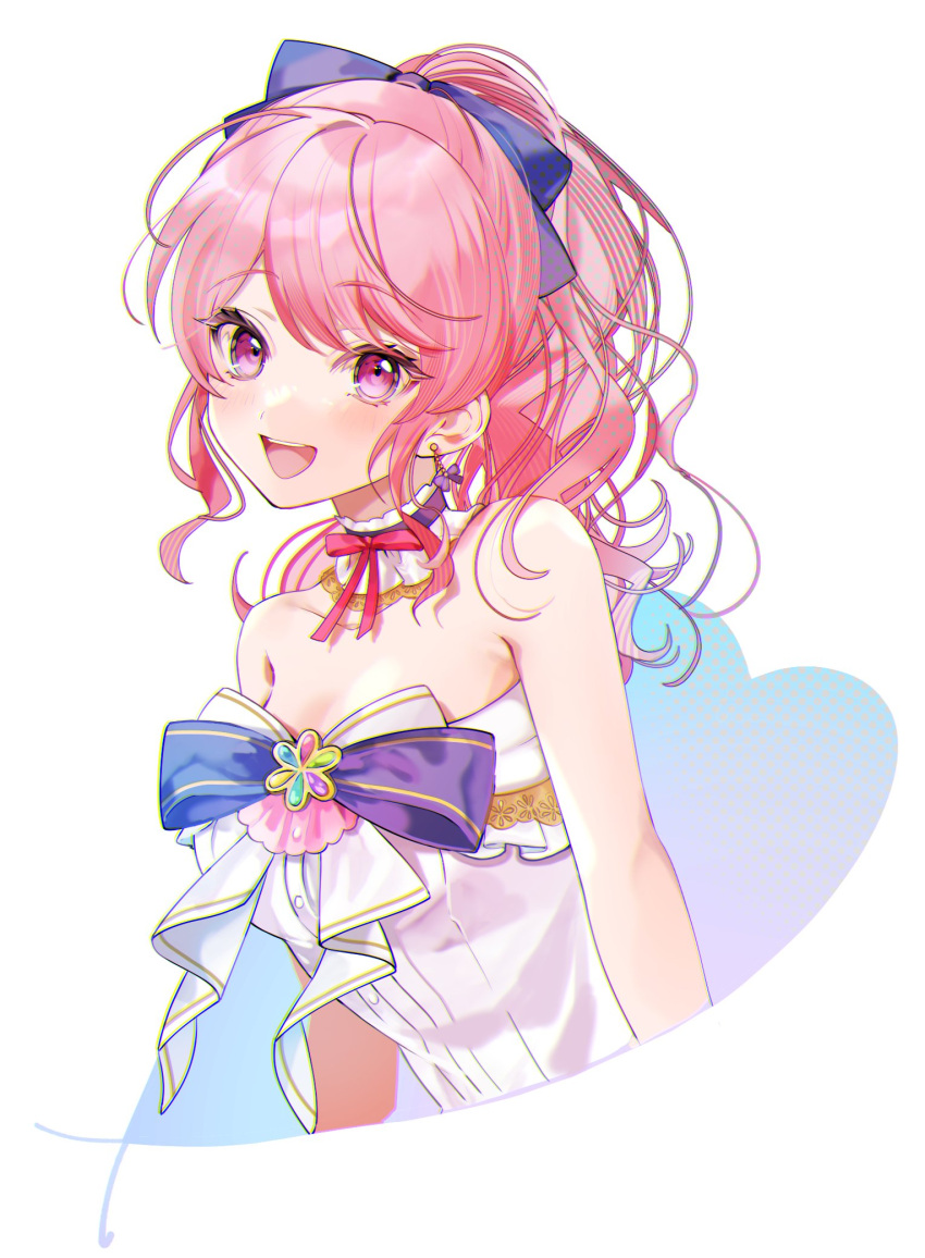 1girl :d arms_at_sides bang_dream! bare_arms bare_shoulders blue_bow blush bow bow_earrings breasts buttons choker collar collarbone commentary_request cropped_torso earrings hair_bow halftone heart highres jewelry long_hair looking_at_viewer maruyama_aya medium_breasts multicolored_bow neck_ribbon official_alternate_costume official_alternate_hairstyle open_mouth pink_eyes pink_hair ponytail purple_bow purple_choker red_ribbon ribbon roko_(pe0e07) shirt smile solo strapless strapless_shirt teeth upper_body upper_teeth_only wavy_hair white_background white_bow white_collar white_shirt
