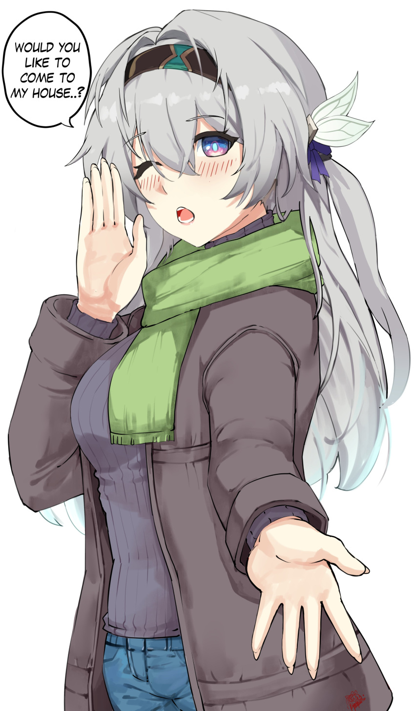 1girl absurdres black_coat black_hairband blush breasts coat commentary english_commentary english_text firefly_(honkai:_star_rail) green_scarf grey_hair grey_sweater hair_intakes hairband hand_up highres honkai:_star_rail honkai_(series) kagurachi long_hair looking_at_viewer medium_breasts one_eye_closed open_clothes open_coat open_mouth ribbed_sweater scarf solo speech_bubble sweater upper_body very_long_hair violet_eyes