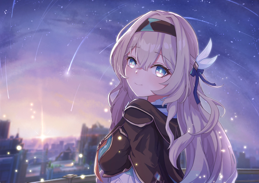 1girl black_hairband black_jacket breasts bright_pupils city commentary_request firefly_(honkai:_star_rail) grey_hair hair_ornament hairband highres honkai:_star_rail honkai_(series) jacket long_hair looking_at_viewer medium_breasts outdoors skyline smile solo tefutefufu upper_body very_long_hair violet_eyes