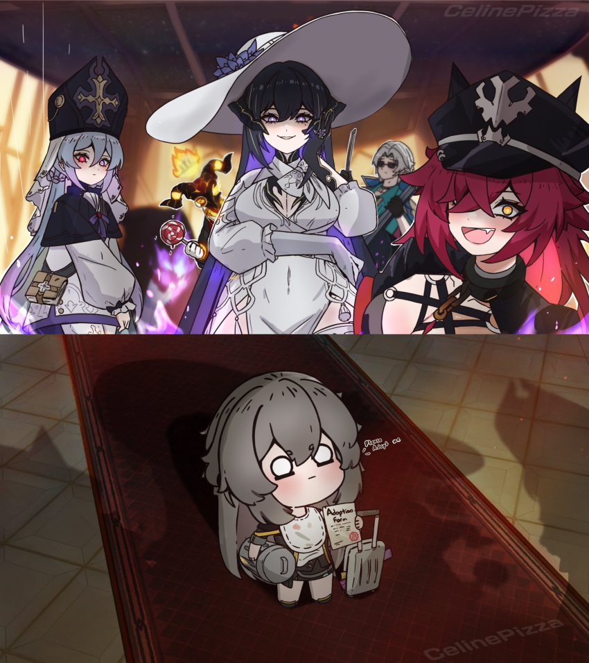 2boys 4girls :d akash_(honkai:_star_rail) arm_under_breasts bib black_gloves bow_(music) breasts candy caterina_(honkai:_star_rail) celinepizza cello chain_necklace chibi choker cleavage_cutout clothing_cutout coat commentary constance_(honkai:_star_rail) demon_horns dress dubra_(honkai:_star_rail) duke_inferno_(honkai:_star_rail) fire food for_adoption gloves glowing glowing_eyes grey_hair hair_between_eyes hair_over_one_eye hand_on_own_cheek hand_on_own_face hat heterochromia highres holding holding_candy holding_food holding_lollipop holding_paper honkai:_star_rail honkai_(series) horns instrument jewelry large_breasts lollipop long_hair looking_up military_hat mitre monocle multiple_boys multiple_girls necklace o_o open_clothes open_coat paper photo_background red_eyes ribbon_braid shirt smile stelle_(honkai:_star_rail) sun_hat sunglasses symbol-shaped_pupils trailblazer_(honkai:_star_rail) trash_can violet_eyes watermark white_dress white_gloves white_hair white_shirt yellow_eyes