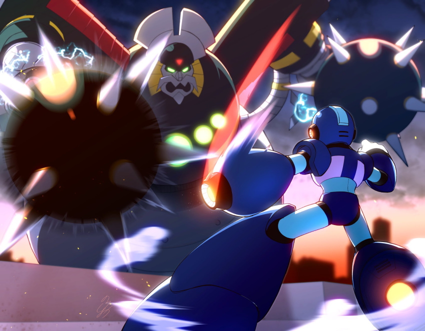 2boys android arm_cannon armor ball_and_chain_(weapon) blue_armor blue_headwear from_behind glowing glowing_eyes highres incoming_attack maoh_the_giant_(mega_man) mega_man_(series) mega_man_x3 mega_man_x_(series) multiple_boys no-rishio on_roof robot shoulder_armor speed_lines spiked_ball_and_chain weapon x_(mega_man)