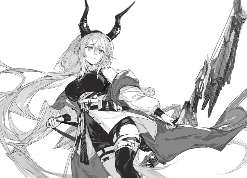 1girl arknights belt bow_(weapon) breasts commentary dot_nose dress frown highres holding holding_bow_(weapon) holding_weapon horns hug_(yourhug) jacket large_breasts long_hair looking_to_the_side multiple_belts red_pupils simple_background sketch solo spot_color thigh-highs typhon_(arknights) very_long_hair weapon white_background