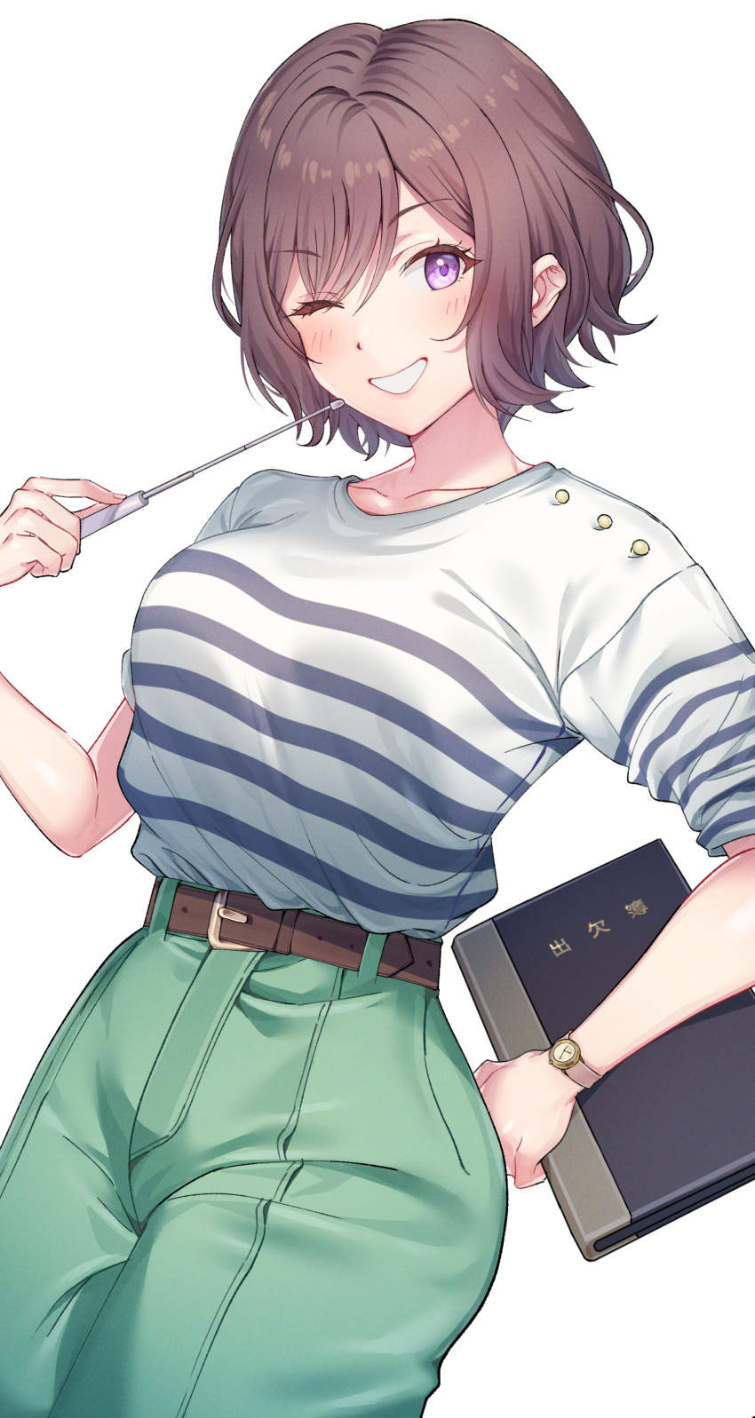 1girl ;d absurdres belt_buckle blush breasts brown_hair buckle collarbone gakuen_idolmaster green_pants highres idolmaster medium_breasts neo_asari one_eye_closed pants pol_winner shirt shirt_tucked_in short_hair simple_background smile solo striped_clothes striped_shirt violet_eyes watch watch white_background