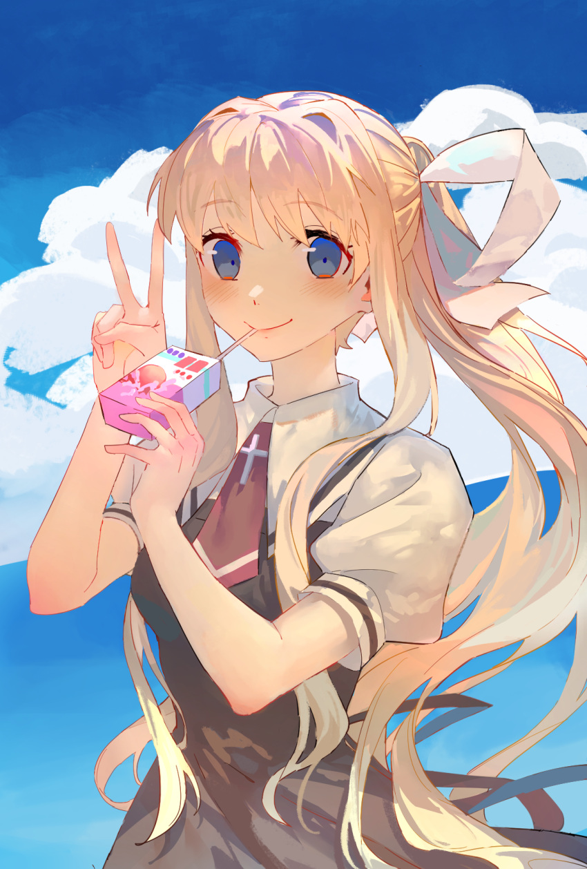 1girl air_(visual_novel) black_dress blonde_hair blue_eyes blue_sky blush closed_mouth clouds day dress drinking_straw hair_ribbon highres holding jc_(pixiv_66949345) juice_box kamio_misuzu long_hair looking_at_viewer necktie outdoors pinafore_dress ponytail puffy_short_sleeves puffy_sleeves red_necktie ribbon school_uniform shirt short_sleeves sidelocks sky sleeveless sleeveless_dress smile solo upper_body v very_long_hair white_ribbon white_shirt