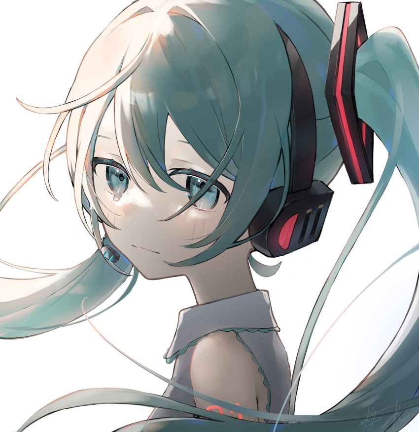 1girl :| adzusaki bare_shoulders blue_eyes blue_hair blush closed_mouth collared_shirt floating_hair frilled_shirt frills from_side hair_between_eyes hatsune_miku headset highres long_hair looking_at_viewer microphone shirt sidelocks simple_background sleeveless sleeveless_shirt solo tearing_up twintails vocaloid white_background white_shirt