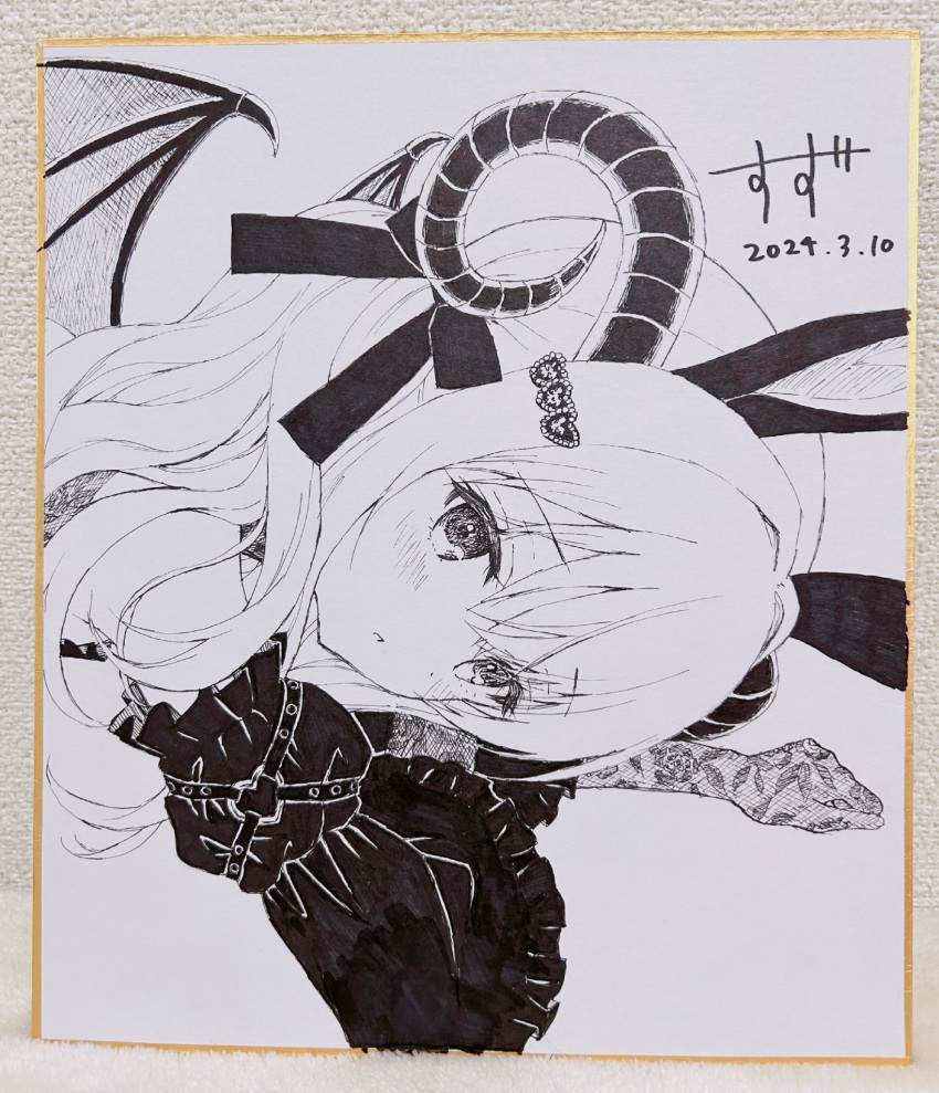 1girl animal_ears arm_up bare_shoulders blush bow chitosezaka_suzu commentary_request dated detached_sleeves elbow_gloves frilled_sleeves frills gloves hair_between_eyes hair_bow hair_ornament heart heart_hair_ornament highres horns juliet_sleeves long_hair long_sleeves looking_at_viewer lying monochrome on_stomach original parted_lips photo_(medium) puffy_sleeves rabbit_ears signature sleeveless solo traditional_media upper_body wings