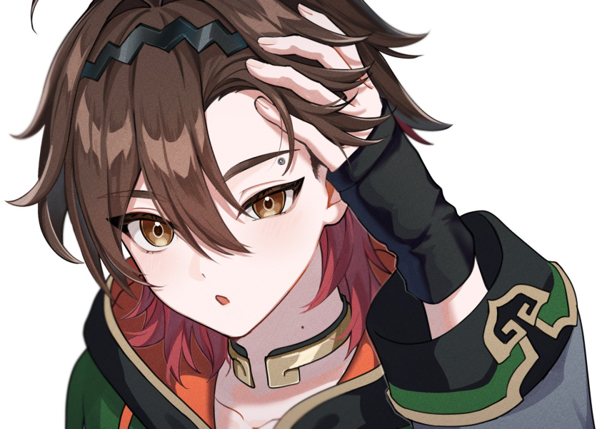 1boy blush brown_eyes brown_hair dark_skin eyebrow_piercing fingerless_gloves gaming_(genshin_impact) genshin_impact gloves hair_between_eyes hair_intakes hand_on_own_head highres hood hood_down jacket jewelry looking_at_viewer male_focus mole mole_on_neck neck_ring oguma_000 parted_lips piercing portrait redhead simple_background solo white_background