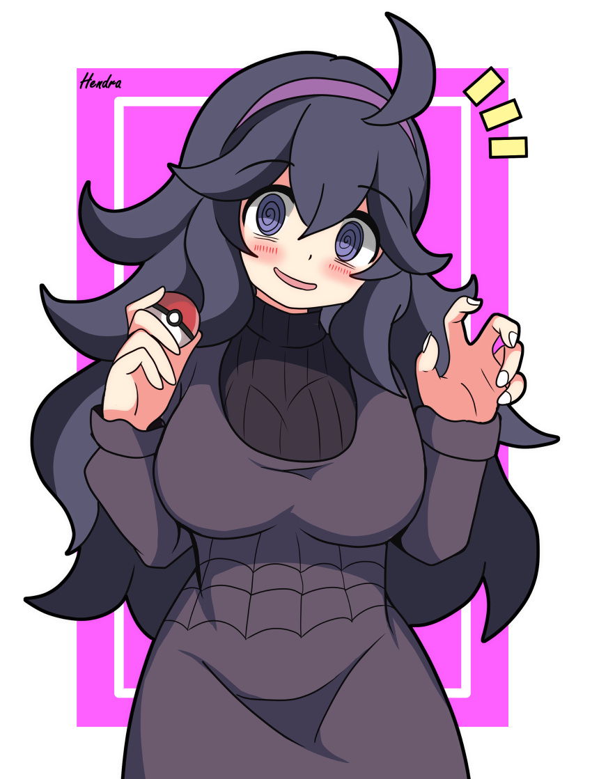1girl :d @_@ absurdres ahoge black_dress black_hair black_sweater blush border cowboy_shot dot_nose dress hairband hands_up head_tilt hendra hex_maniac_(pokemon) highres holding holding_poke_ball inset_border long_hair long_sleeves looking_at_viewer notice_lines open_hand open_mouth pink_background poke_ball pokemon pokemon_xy purple_hairband ribbed_sweater signature simple_background smile solo sweater turtleneck turtleneck_sweater violet_eyes white_border