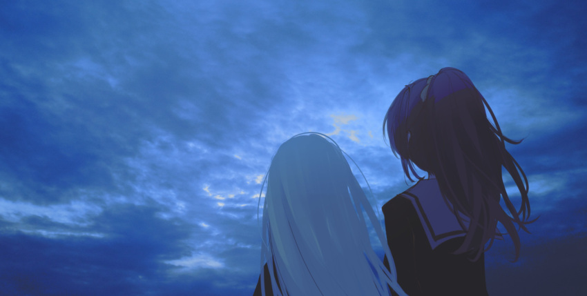 2girls absurdres arms_at_sides asahina_mafuyu black_jacket clouds cloudy_sky facing_ahead from_behind highres jacket long_hair long_sleeves multiple_girls night night_sky outdoors ponytail project_sekai purple_hair ritzchrono sailor_collar side-by-side sky straight_hair upper_body white_hair white_sailor_collar yoisaki_kanade