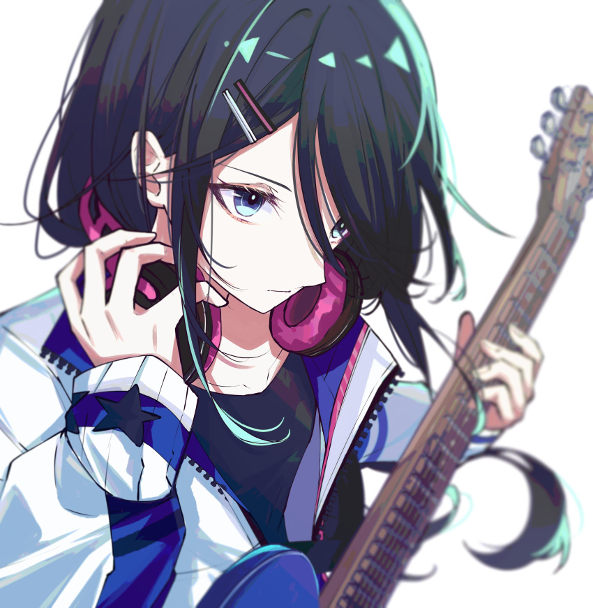 1girl :| absurdres bangs_pinned_back black_hair black_shirt blue_eyes blue_jacket blurry closed_mouth collarbone depth_of_field expressionless guitar hair_between_eyes hair_ornament hair_over_one_eye hairpin hand_on_headwear headphones headphones_around_neck highres holding holding_weapon hoshino_ichika_(project_sekai) instrument jacket long_hair long_sleeves looking_ahead open_clothes open_jacket project_sekai ritzchrono shirt sidelocks simple_background solo two-sided_fabric two-sided_jacket upper_body weapon white_background white_jacket