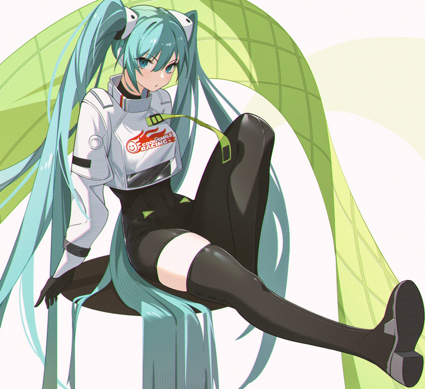 1girl :o black_bodysuit black_gloves black_thighhighs blue_eyes blue_hair bodysuit boots breasts collared_jacket debu_xiao_huajiang foot_up full_body gloves hair_between_eyes hatsune_miku highres jacket knee_up long_hair looking_at_viewer medium_breasts parted_lips print_shirt racing_miku racing_miku_(2022) racing_suit shirt shoe_soles sidelocks simple_background single_leg_bodysuit single_thighhigh sitting solo thigh-highs thigh_boots twintails v-shaped_eyebrows very_long_hair vocaloid white_background white_jacket zettai_ryouiki