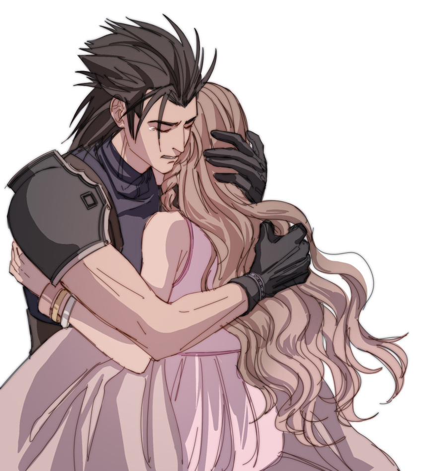 1boy 1girl aerith_gainsborough armor bangle bare_shoulders black_gloves black_hair bracelet brown_hair commentary couple crisis_core_final_fantasy_vii dress final_fantasy final_fantasy_vii final_fantasy_vii_rebirth final_fantasy_vii_remake gloves hand_on_another's_head highres hug jewelry long_hair parted_lips pink_dress shoulder_armor sleeveless sleeveless_dress sleeveless_turtleneck spiky_hair sweater sylvthea tears turtleneck turtleneck_sweater upper_body white_background zack_fair