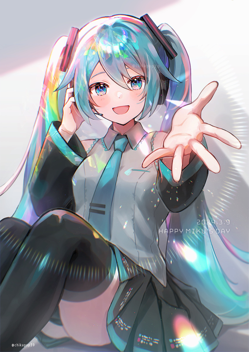 1girl :d absurdres black_skirt black_sleeves black_thighhighs blue_eyes blue_hair blue_necktie blush chikapop39 collared_shirt dated detached_sleeves dot_nose feet_out_of_frame foreshortening frilled_shirt frills grey_shirt hair_ornament hand_on_headwear hatsune_miku headset highres knees_up legs_together lens_flare long_hair long_sleeves looking_at_viewer microphone miku_day miniskirt necktie open_hand open_mouth outstretched_arm pleated_skirt reaching reaching_towards_viewer shirt skirt sleeveless sleeveless_shirt smile solo thigh-highs tie_clip twintails twitter_username very_long_hair vocaloid zettai_ryouiki