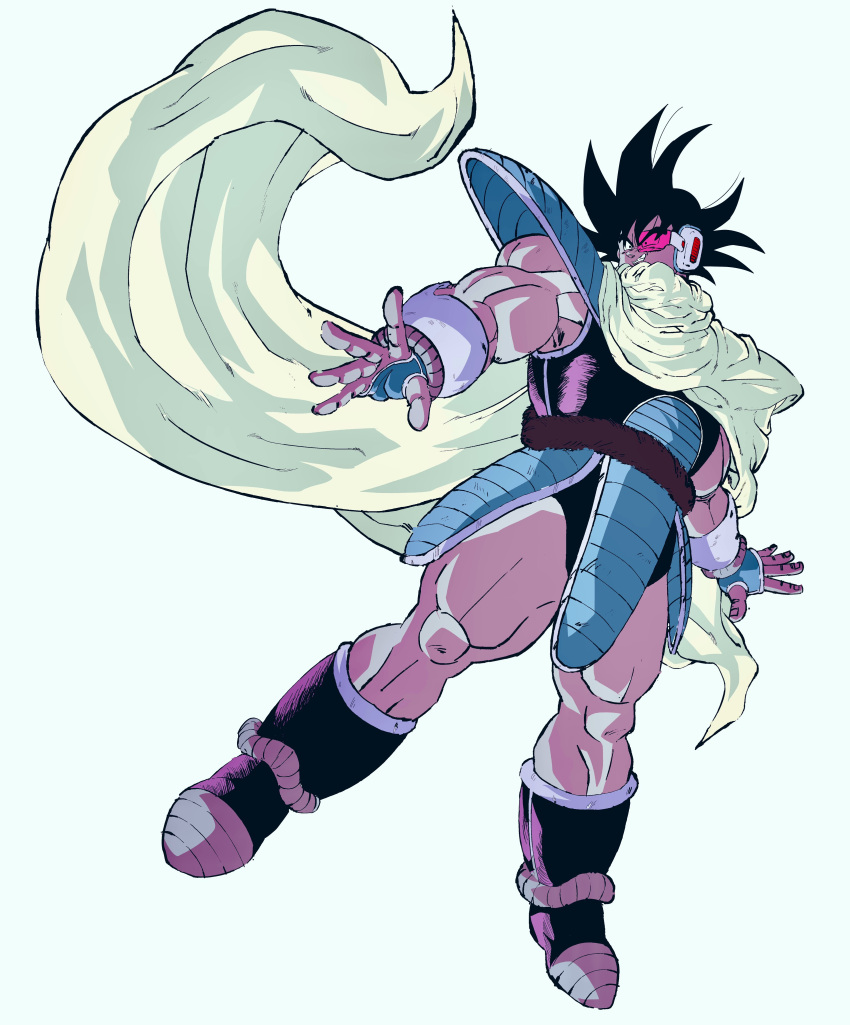 1boy absurdres black_eyes black_hair boots bracer cloak dragon_ball dragon_ball_z dutch_angle evil_smile fingerless_gloves floating floating_cape full_body gloves hair_between_eyes highres male_focus monkey_tail muscular muscular_male oharu2000 open_hand saiyan saiyan_armor scouter sleeveless smile solo spiky_hair tail tail_around_waist tullece white_background