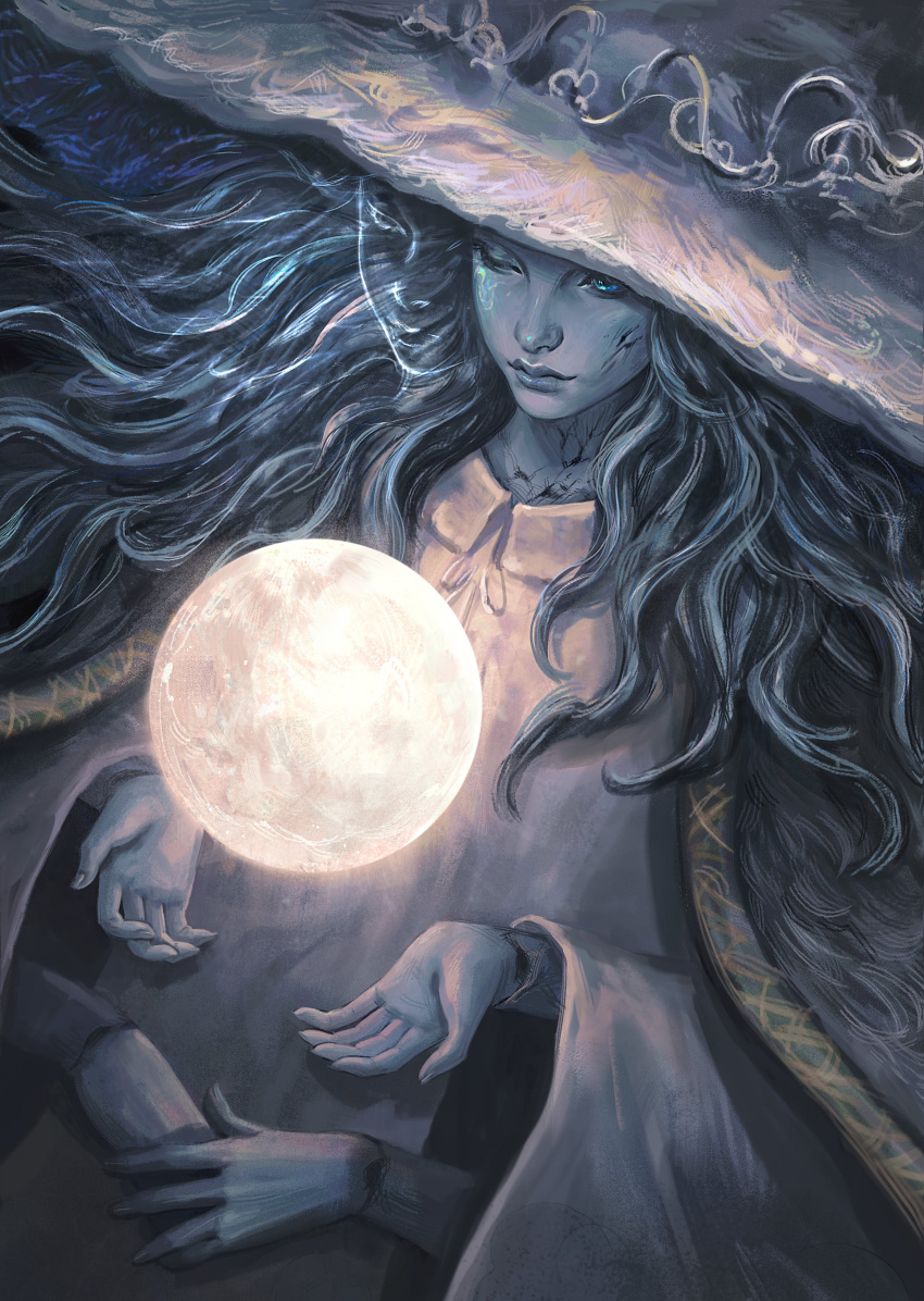 1girl absurdres blue_eyes blue_hair blue_lips blue_skin cateille cloak colored_skin dress elden_ring extra_arms hat highres large_hat long_hair moon object_floating_above_hand one_eye_closed open_cloak open_clothes ranni_the_witch solo spirit upper_body white_dress wide_sleeves witch_hat
