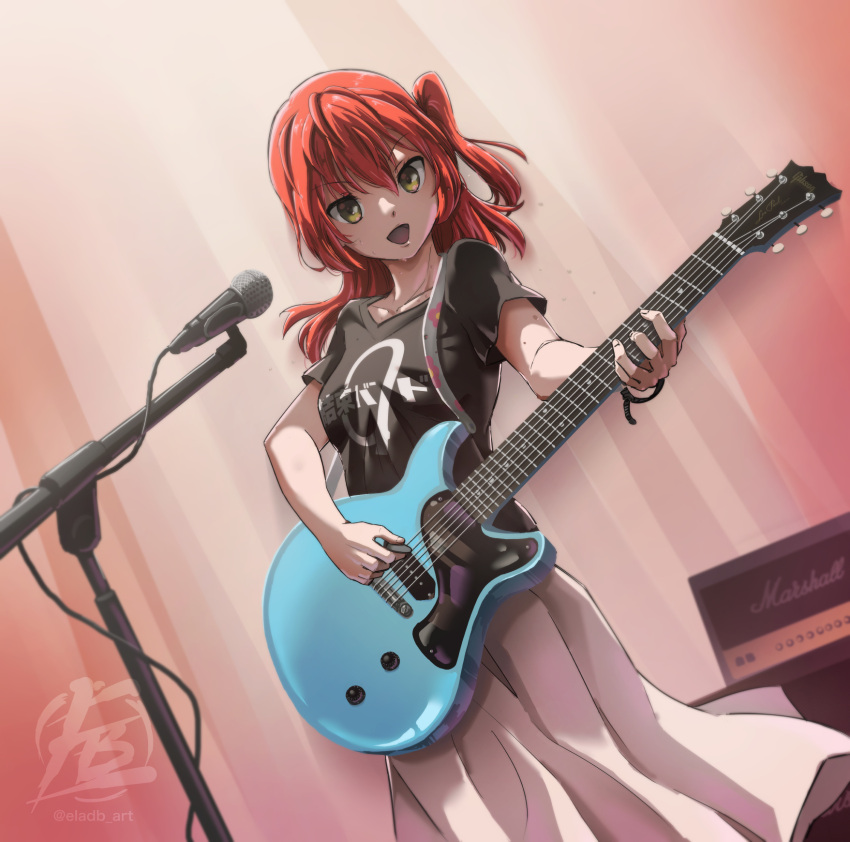1girl :d amplifier artist_logo black_shirt bocchi_the_rock! cable_tie eladb_art electric_guitar english_commentary green_eyes guitar hair_between_eyes highres holding holding_instrument holding_plectrum instrument kita_ikuyo long_hair long_skirt microphone microphone_stand music one_side_up playing_instrument plectrum redhead shirt short_sleeves skirt smile solo white_skirt