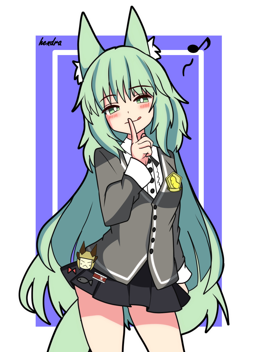 1girl :q absurdres animal_ear_fluff animal_ears arknights arm_at_side black_skirt blush border buttons cardigan cat_ears cat_girl cat_tail center_frills closed_mouth collared_shirt contrapposto cowboy_shot dot_nose eighth_note finger_to_mouth frilled_shirt frills green_eyes green_hair grey_cardigan harmonie_(arknights) head_tilt hendra highres index_finger_raised legs_apart long_sleeves miniskirt musical_note pleated_skirt purple_background school_uniform shirt signature simple_background skirt smile solo tail thighs tongue tongue_out white_border white_shirt wispy_bangs